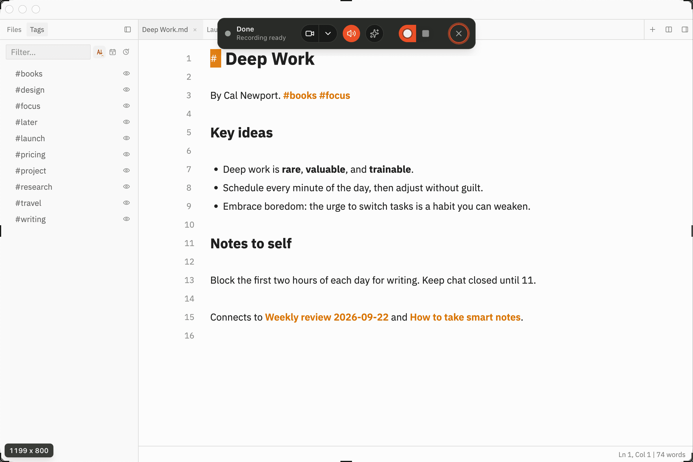 The Zoomer recorder bar in Area mode with a window selected for recording