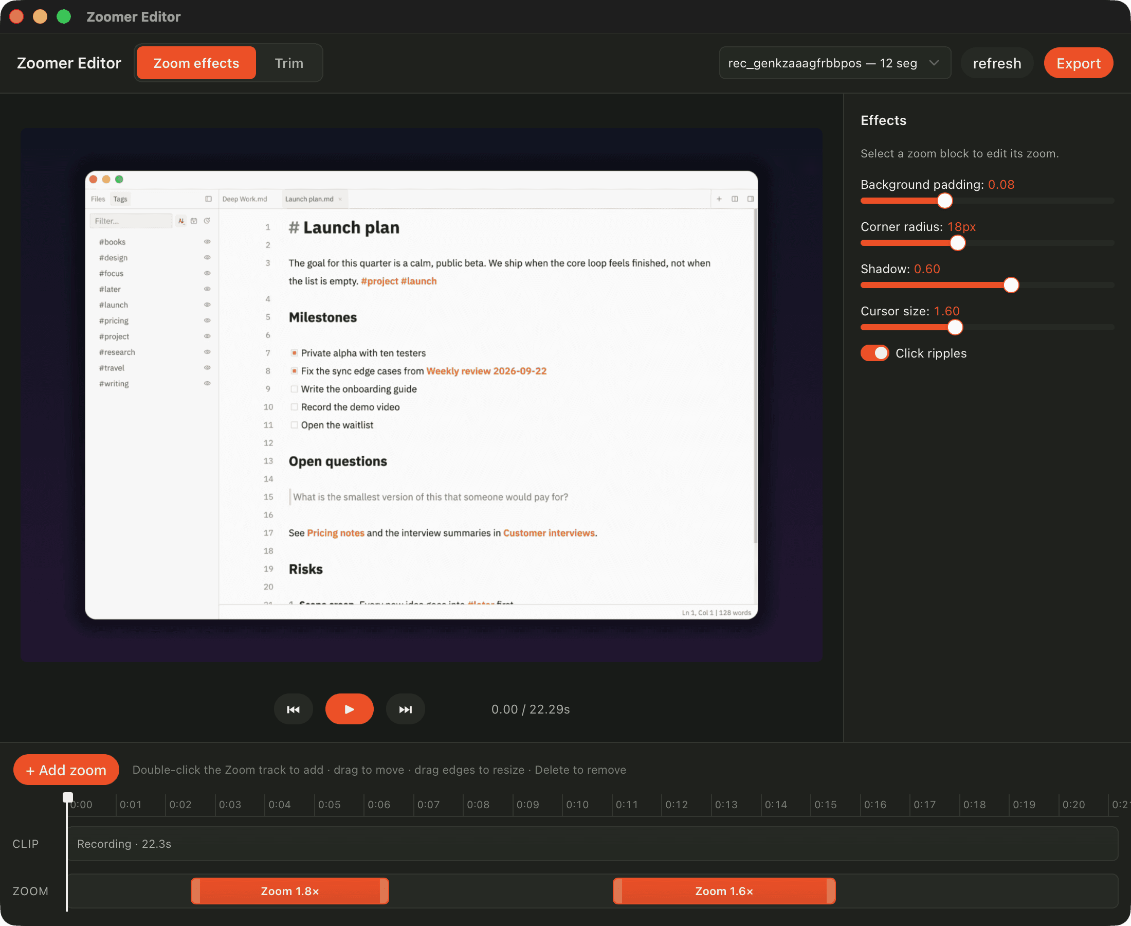 The Zoomer editor with a recording in the preview and zoom segments on the timeline